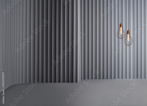 Decorative grey wall background and lamp concept, chair sofa and furniture design. Dark color floor.