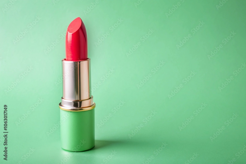 A red lipstick is sitting on a green background A red lipstick is sitting on a green background