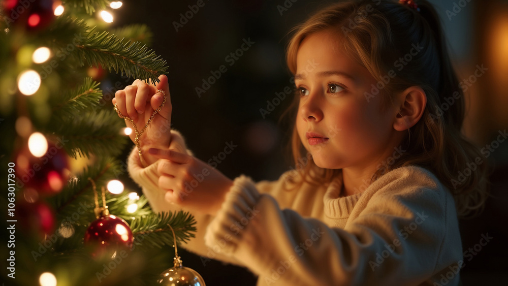A little girl decorates a Christmas tree.