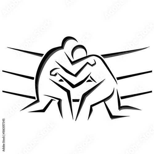 A black-and-white minimalist wrestling logo, featuring a simple line-drawn wrestling ring and a subtle outline of two wrestlers locked in a stance