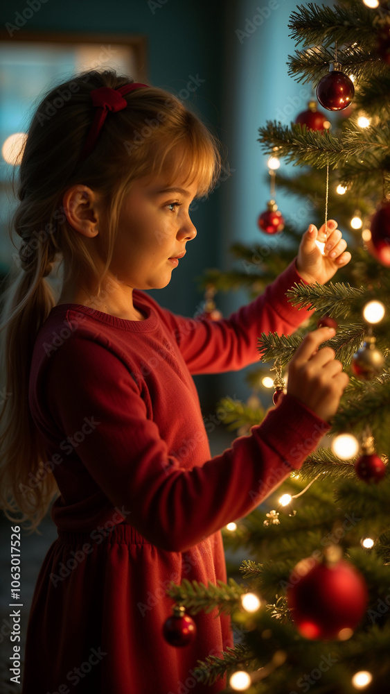 A little girl decorates a Christmas tree. A little girl decorates a Christmas tree.