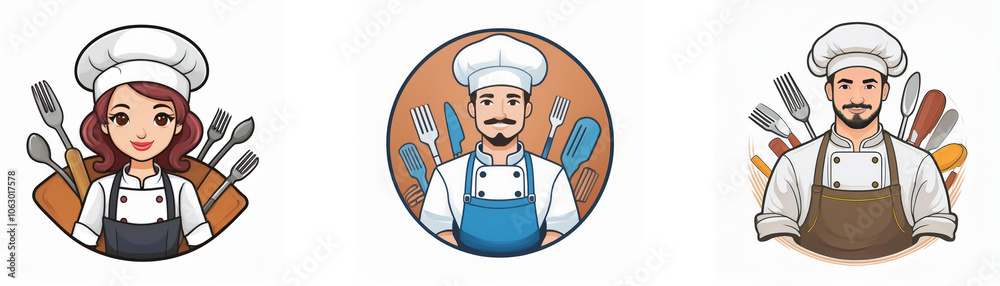 Three cartoon chefs, one female and two male, are wearing white chef hats and aprons and surrounded by various kitchen utensils. Three cartoon chefs, one female and two male, are wearing white chef hats and aprons and surrounded by various kitchen utensils.