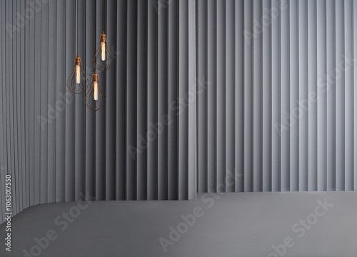 Decorative grey wall background and lamp concept, chair sofa and furniture design. Dark color floor.