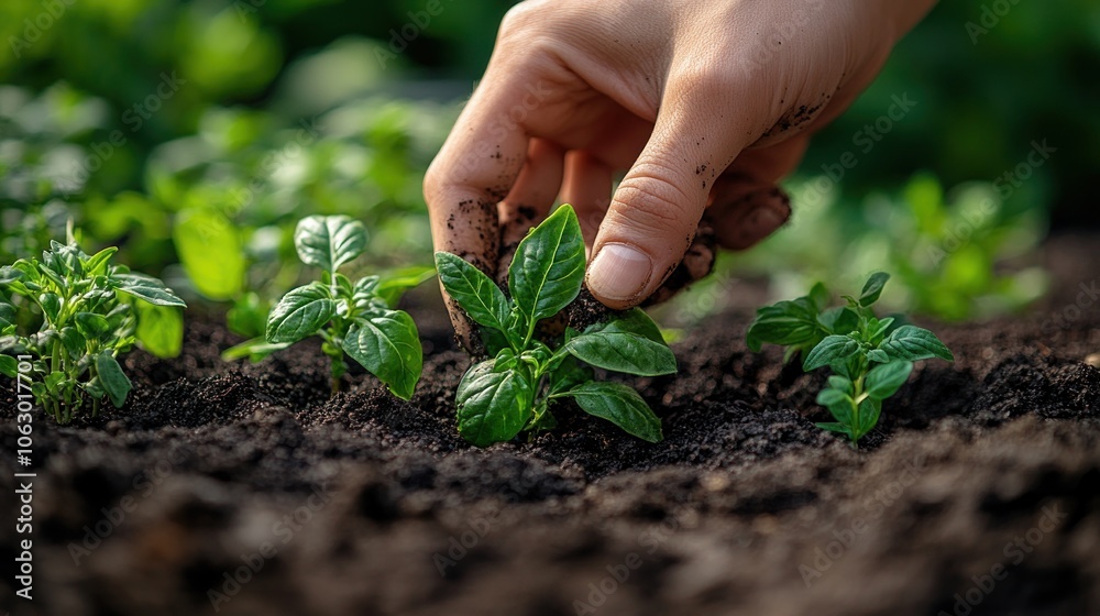 Hand planting young green plants in rich soil. Hand planting young green plants in rich soil.