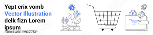 Blue coins growing on plants next to shopping cart and wallet with digital coins. Ideal for e-commerce, cryptocurrency, fintech, financial services, online business, digital payments, economic