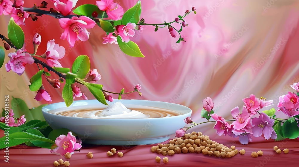 Serene spring blossom decor with cream and soybeans. Serene spring blossom decor with cream and soybeans.