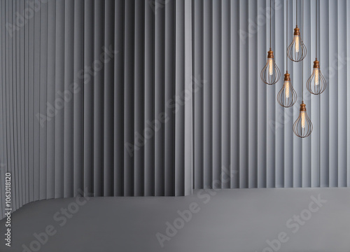 Decorative grey wall background and lamp concept, chair sofa and furniture design. Dark color floor.