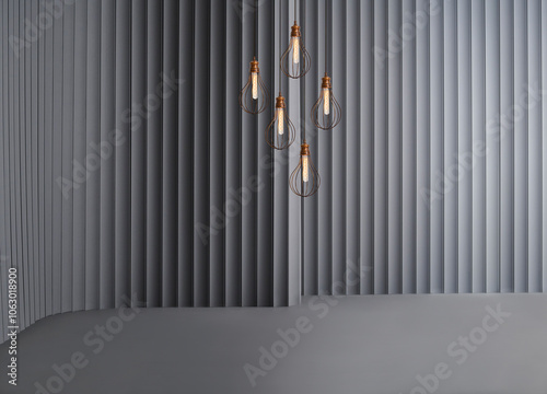 Decorative grey wall background and lamp concept, chair sofa and furniture design. Dark color floor.
