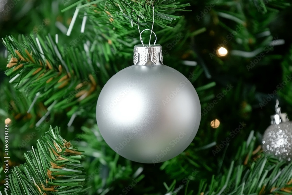Gray cristmas ball with pine tree leaves close-up, christmas decoration Gray cristmas ball with pine tree leaves close-up, christmas decoration