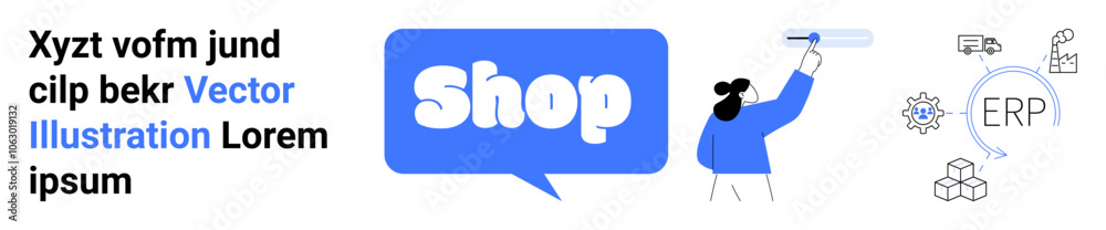 A person pointing towards the word Shop in a speech bubble with ERP and gears icon. Ideal for e-commerce, business solutions, marketing strategies, technology advancements, artificial intelligence A person pointing towards the word Shop in a speech bubble with ERP and gears icon. Ideal for e-commerce, business solutions, marketing strategies, technology advancements, artificial intelligence