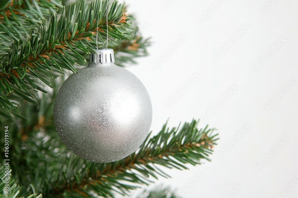 Gray cristmas ball with pine tree leaves close-up, christmas decoration Gray cristmas ball with pine tree leaves close-up, christmas decoration