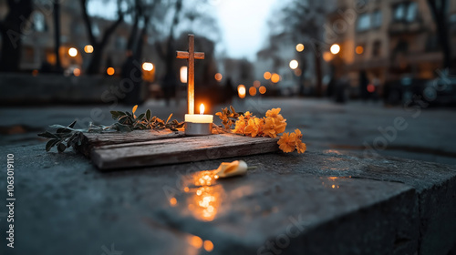 Fototapeta Naklejka Na Ścianę i Meble -  Outdoor memorial setup with a small wooden cross, lit candle, and yellow flowers on a stone surface, blurred city street background with evening lights