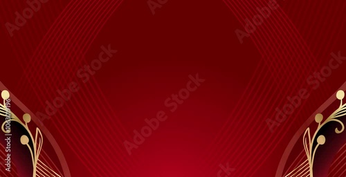 A deep red background with intricate gold floral patterns.