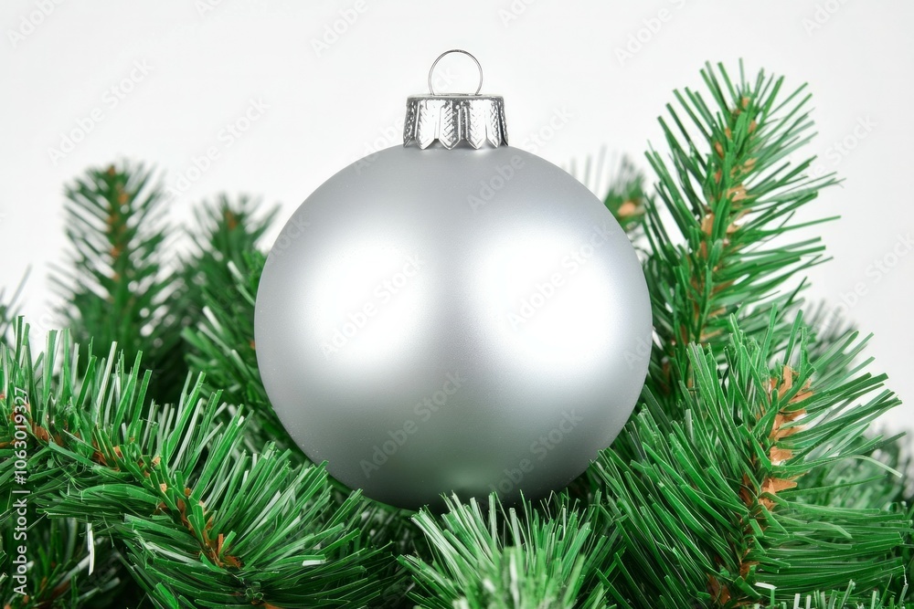 Gray cristmas ball with pine tree leaves close-up, christmas decoration Gray cristmas ball with pine tree leaves close-up, christmas decoration