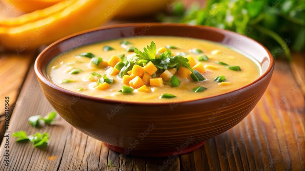 Close-up of Delicious Sweet Corn Chowder Soup with Green Onion and Coriander in a Bowl Isolated on Vibrant Orange Background, Perfect for Culinary and Food Photography Collection Close-up of Delicious Sweet Corn Chowder Soup with Green Onion and Coriander in a Bowl Isolated on Vibrant Orange Background, Perfect for Culinary and Food Photography Collection
