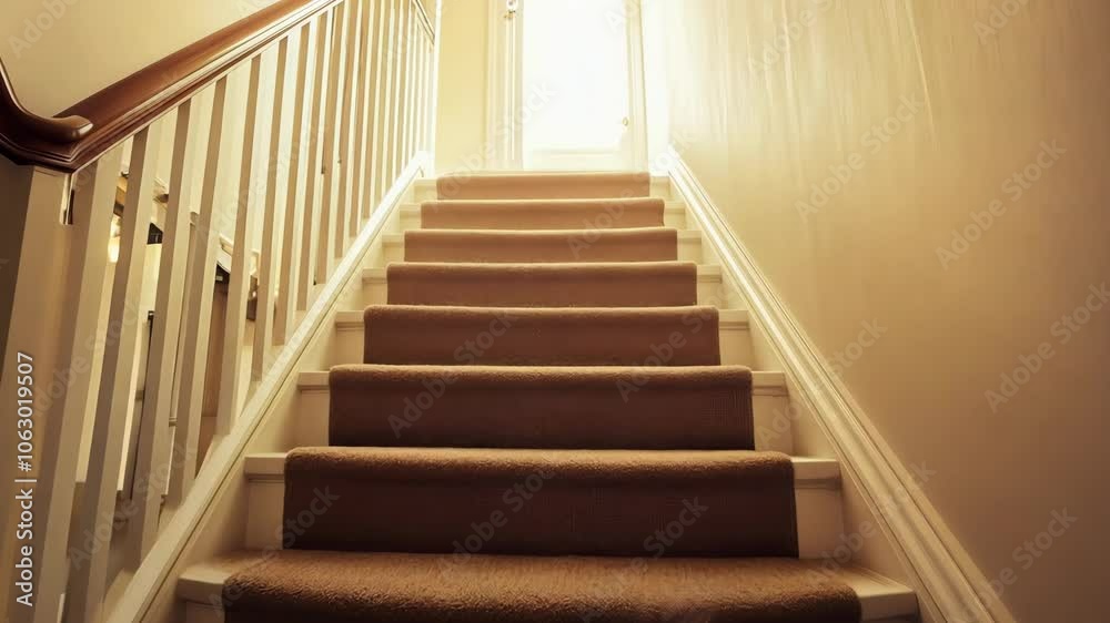 A warmly lit, carpeted staircase leads up to a bright doorway, creating a welcoming and inviting atmosphere within a home. A warmly lit, carpeted staircase leads up to a bright doorway, creating a welcoming and inviting atmosphere within a home.