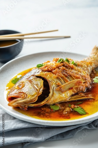 Fried whole fish with golden crispy skin photo