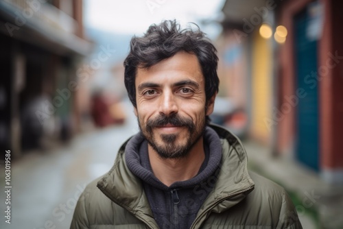 Portrait of a handsome young man with beard and mustache in the city