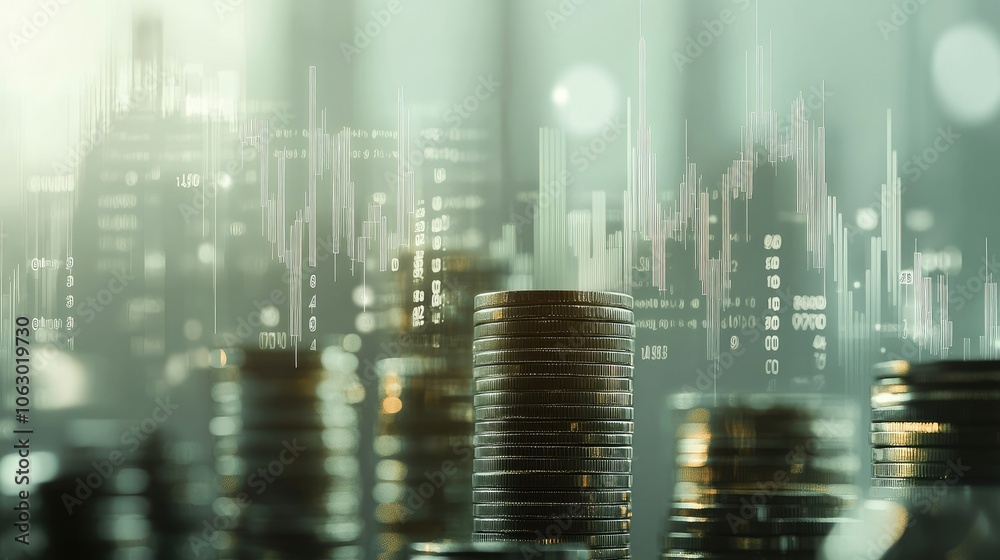 Stacked Coins with Financial Data Background Stacked Coins with Financial Data Background