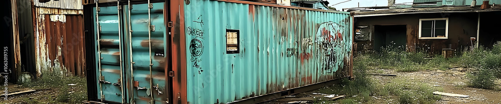 An abandoned shipping container in a dilapidated area with overgrown vegetation. AI Image An abandoned shipping container in a dilapidated area with overgrown vegetation. AI Image
