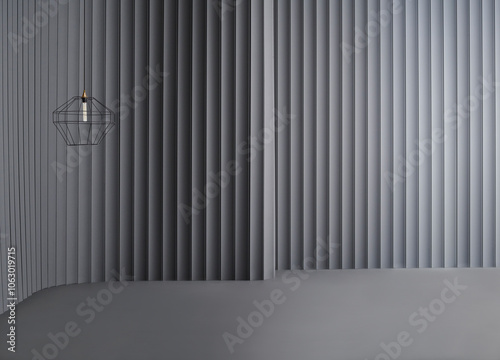 Decorative grey wall background and lamp concept, chair sofa and furniture design. Dark color floor.