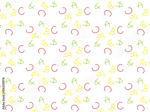 This image showcases a dynamic and playful alphabet pattern composed of red, yellow, and green letters on a white background.