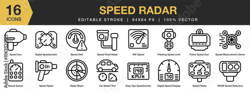 Speed Radar icon set. Editable Stroke Icon Collection. Includes car speed test, digital display, speedometer, gps, flashing speed, beam, and More. Outline icons vector collection.