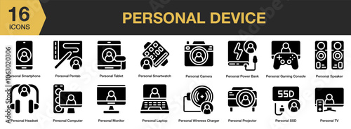 Personal Device solid icon set. Includes wireless, tv, tablet, ssd, speaker, smartwatch, and More. Solid icons vector collection.