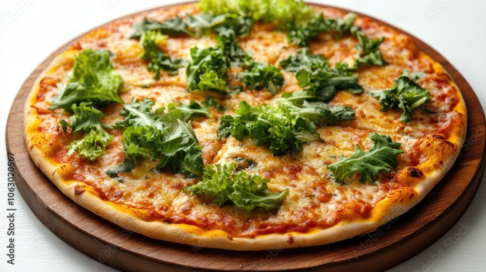 Top view of modern vegan pizza with kale leaves Top view of modern vegan pizza with kale leaves