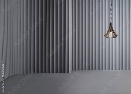 Decorative grey wall background and lamp concept, chair sofa and furniture design. Dark color floor.