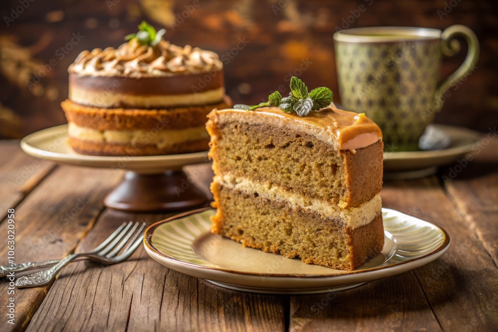 Close-Up of Earl Grey Cake on a Decorative Plate with Soft Texture and Rich Brown Color, Perfect for Culinary and Dessert Photography, Ideal for Food Blogs and Recipe Sites