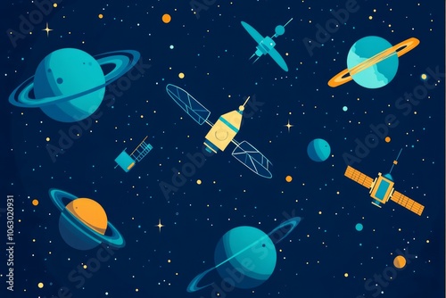 Cartoon drawing satellites space planets milky way