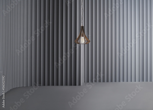 Decorative grey wall background and lamp concept, chair sofa and furniture design. Dark color floor.