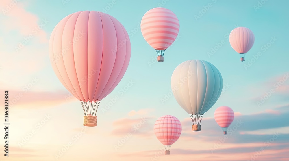 Fototapeta premium Colorful hot air balloons soaring in a serene sky at sunrise.