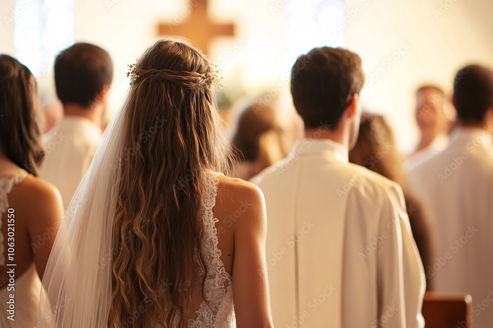 Obraz premium The bride, with flowing hair and veil, stands among guests facing the altar in a church, capturing a serene and sacred wedding moment 