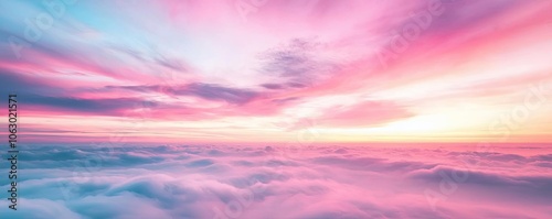 Dreamy pastel clouds and sky at sunrise over horizon, soft colors blend beautifully.