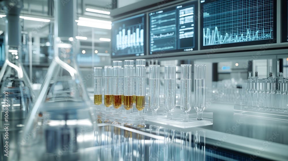 Test Tubes Filled with Liquid on a Shelf in a Modern Laboratory Test Tubes Filled with Liquid on a Shelf in a Modern Laboratory