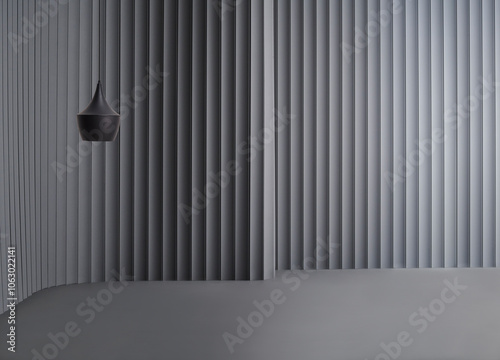 Decorative grey wall background and lamp concept, chair sofa and furniture design. Dark color floor.