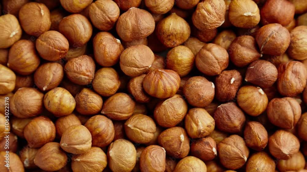 Hazelnuts rotating. Organic snack. Pile of hazelnuts without shell. Vegan food. Top view. Healthy nutrition. Peeled brown nut. Hazelnut kernels rotating. Slider dolly shot. Zoom out. 4K, UHD