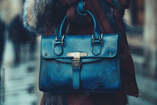 Woman Carrying Blue Leather Handbag