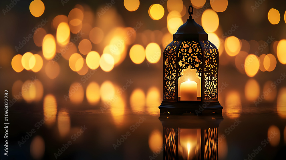 A beautifully designed lantern casting warm light amidst a soft, blurred background of candles. AI Image A beautifully designed lantern casting warm light amidst a soft, blurred background of candles. AI Image