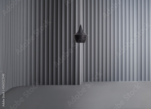 Decorative grey wall background and lamp concept, chair sofa and furniture design. Dark color floor.