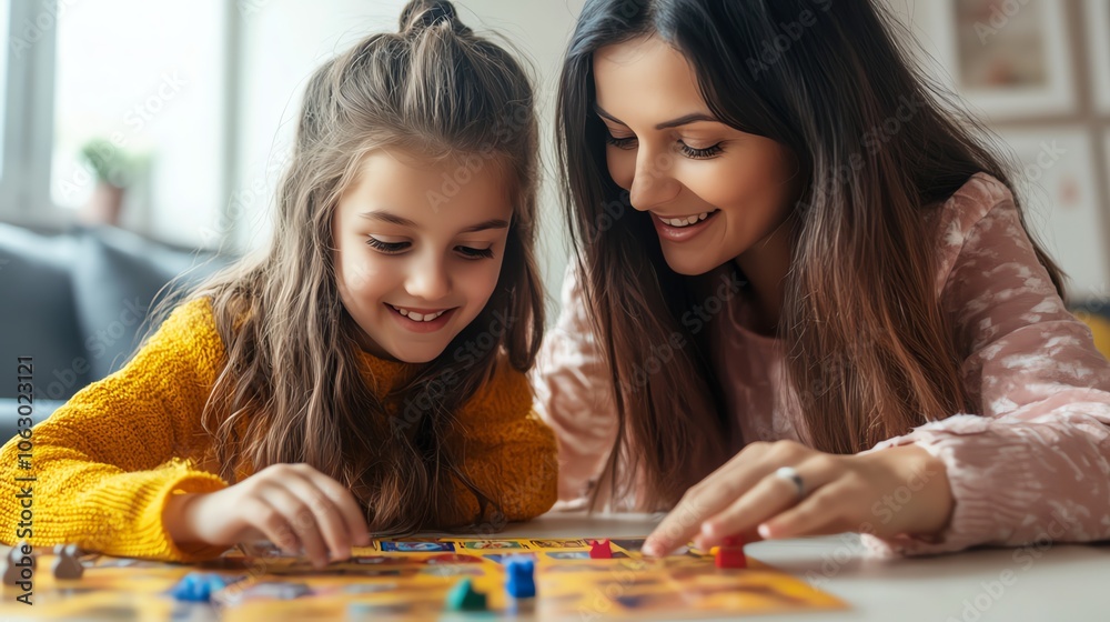 Fototapeta premium A mother and her young daughter are playing a board game together.