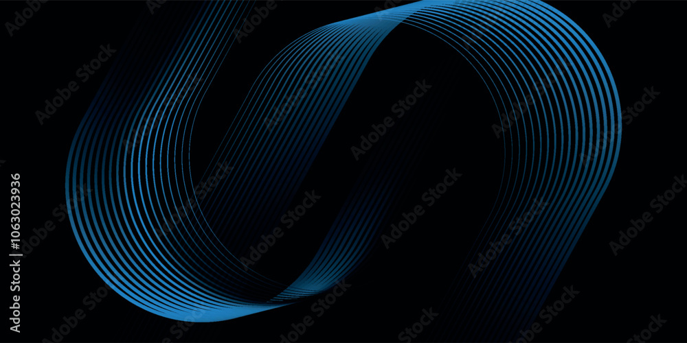 Dark blue abstract background with glowing geometric lines. Modern shiny blue diagonal rounded lines pattern. Futuristic technology concept.