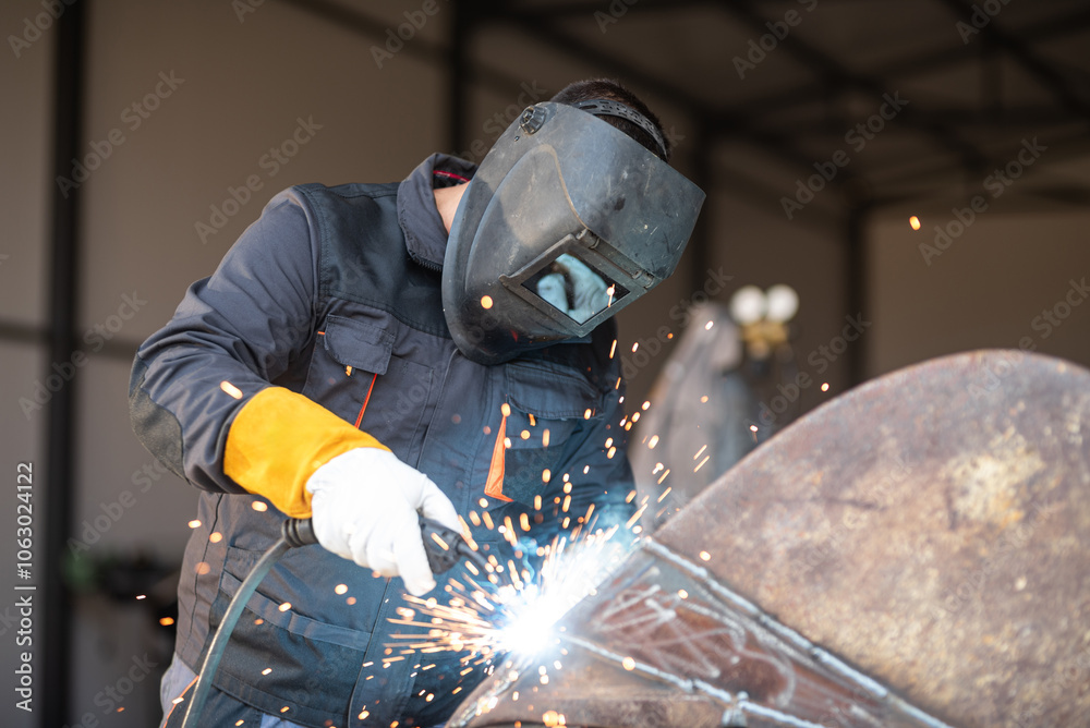 Professional welder welding metal with sparks flying in workshop Professional welder welding metal with sparks flying in workshop
