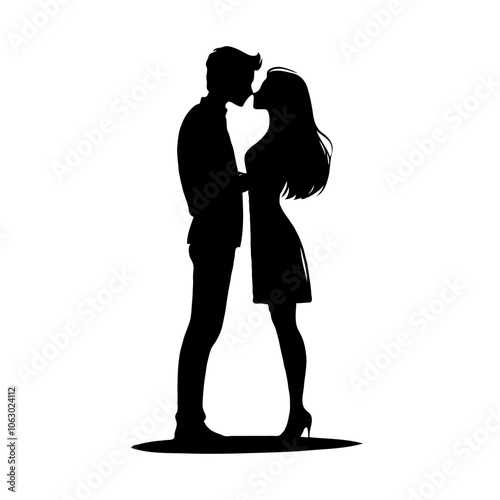 Silhouette of Couple Kissing in Formal Attire on White Background. Concept of love and romance. Illustration for Wedding day, Valentine's day.