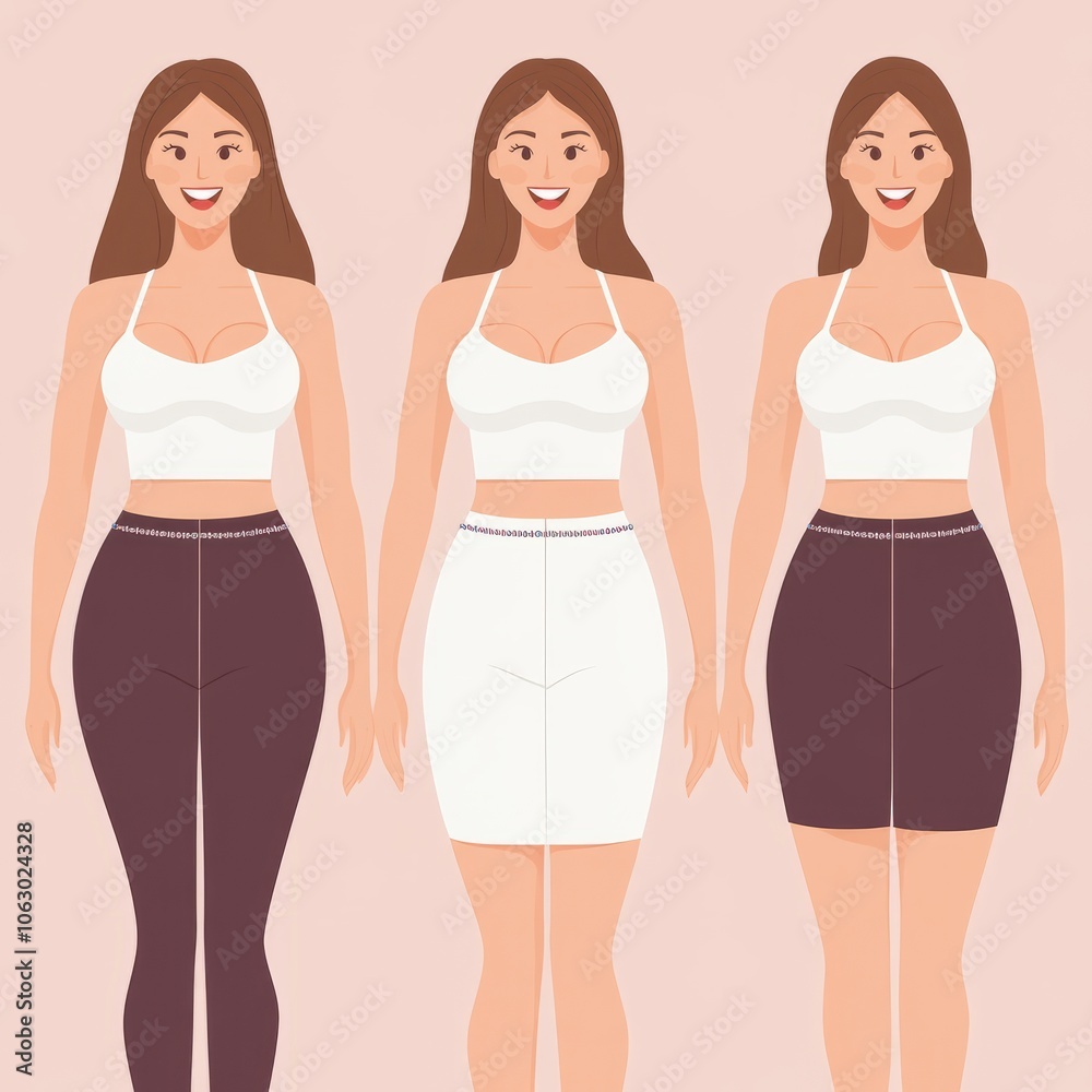 Illustration of three women showcasing different body shapes and styles. Illustration of three women showcasing different body shapes and styles.