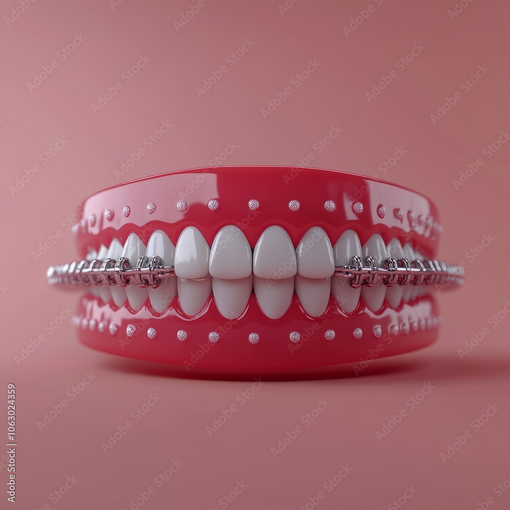 A stylized dental model showcasing braces and teeth on a pink background.