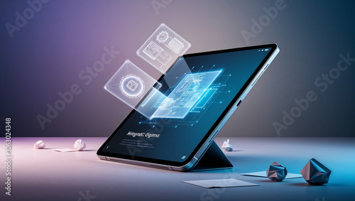 Wallpaper Mural デジタルデータの象徴としてタブレットから投影される図形が広がる未来的な背景。生成AI Torontodigital.ca