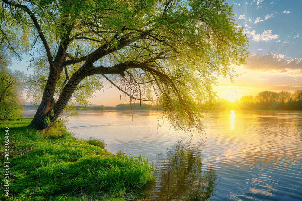 Scenic Lake Landscape with Majestic Willow Scenic Lake Landscape with Majestic Willow